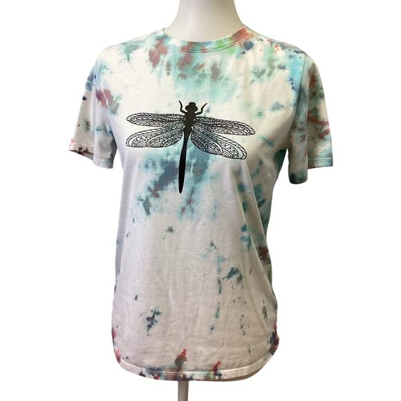 Hand Printed Upcycled Youth XL Dragonfly Tie Dye Crew Neck Short Sleeve Tee - Picture 1 of 6